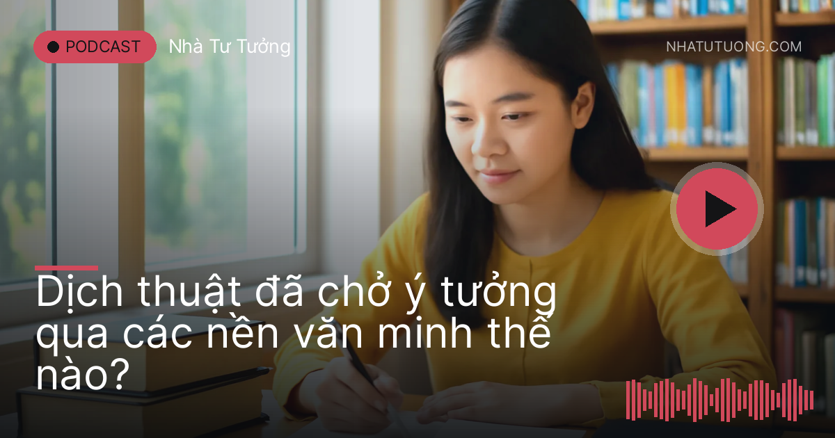 Nữ dịch giả làm việc bên hai cuốn sách dày gấp lại cạnh cửa sổ thư viện