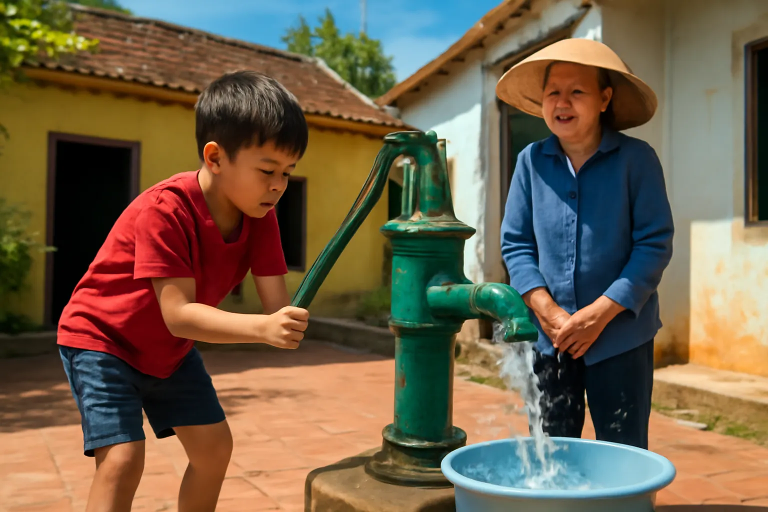 Em bé bơm nước từ giếng bơm tay ở sân làng