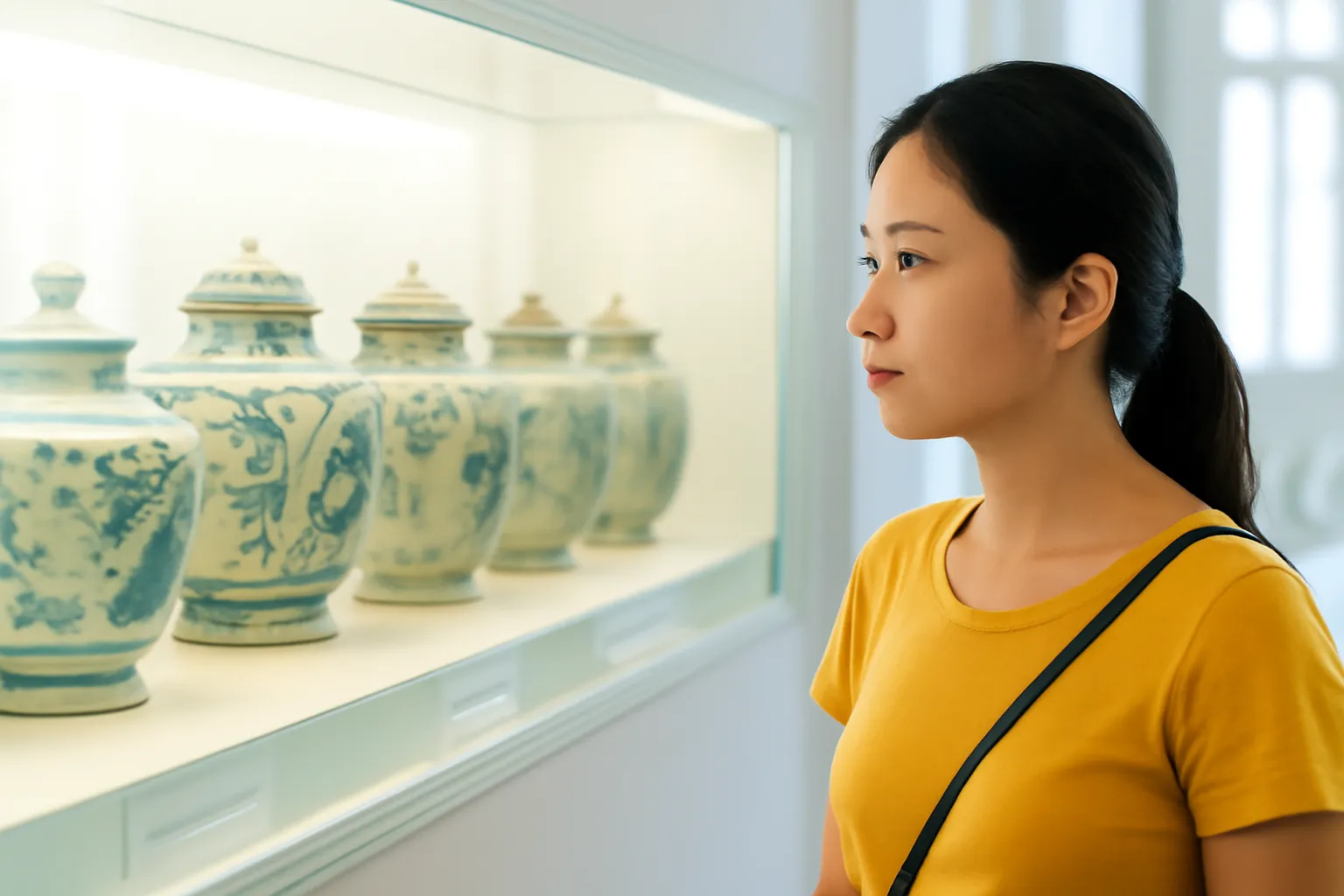 Khách tham quan bảo tàng ngắm dãy lọ thuốc gốm cổ