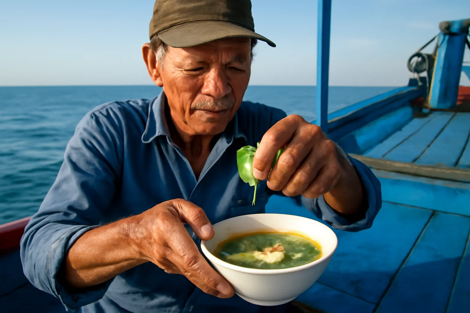 Ngư dân vắt chanh vào bát trên boong tàu cá buổi sáng