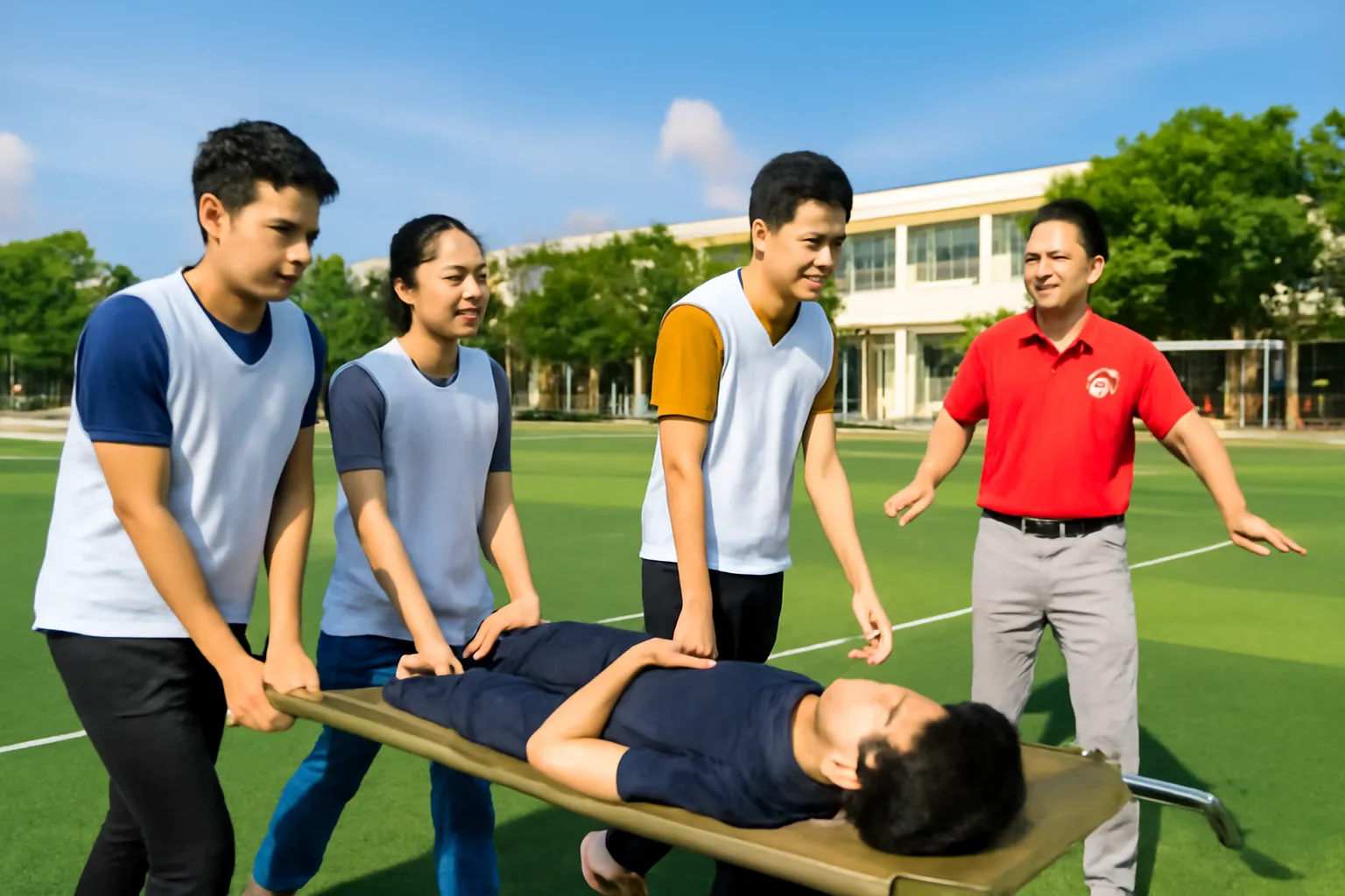 Tình nguyện viên khiêng cáng trong buổi diễn tập sơ cứu trên sân trường