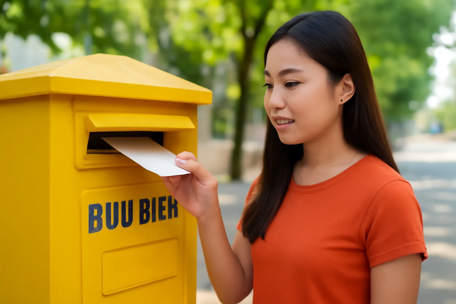 Bàn tay bỏ phong bì vào hộp thư bưu điện màu vàng