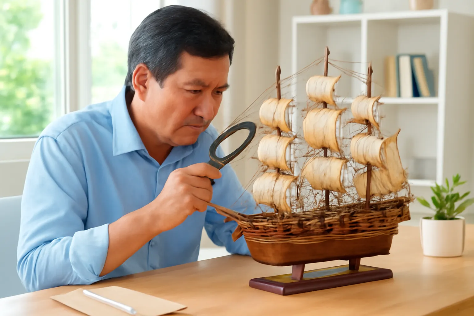 Người đàn ông ngắm mô hình thuyền buồm gỗ trên bàn làm việc