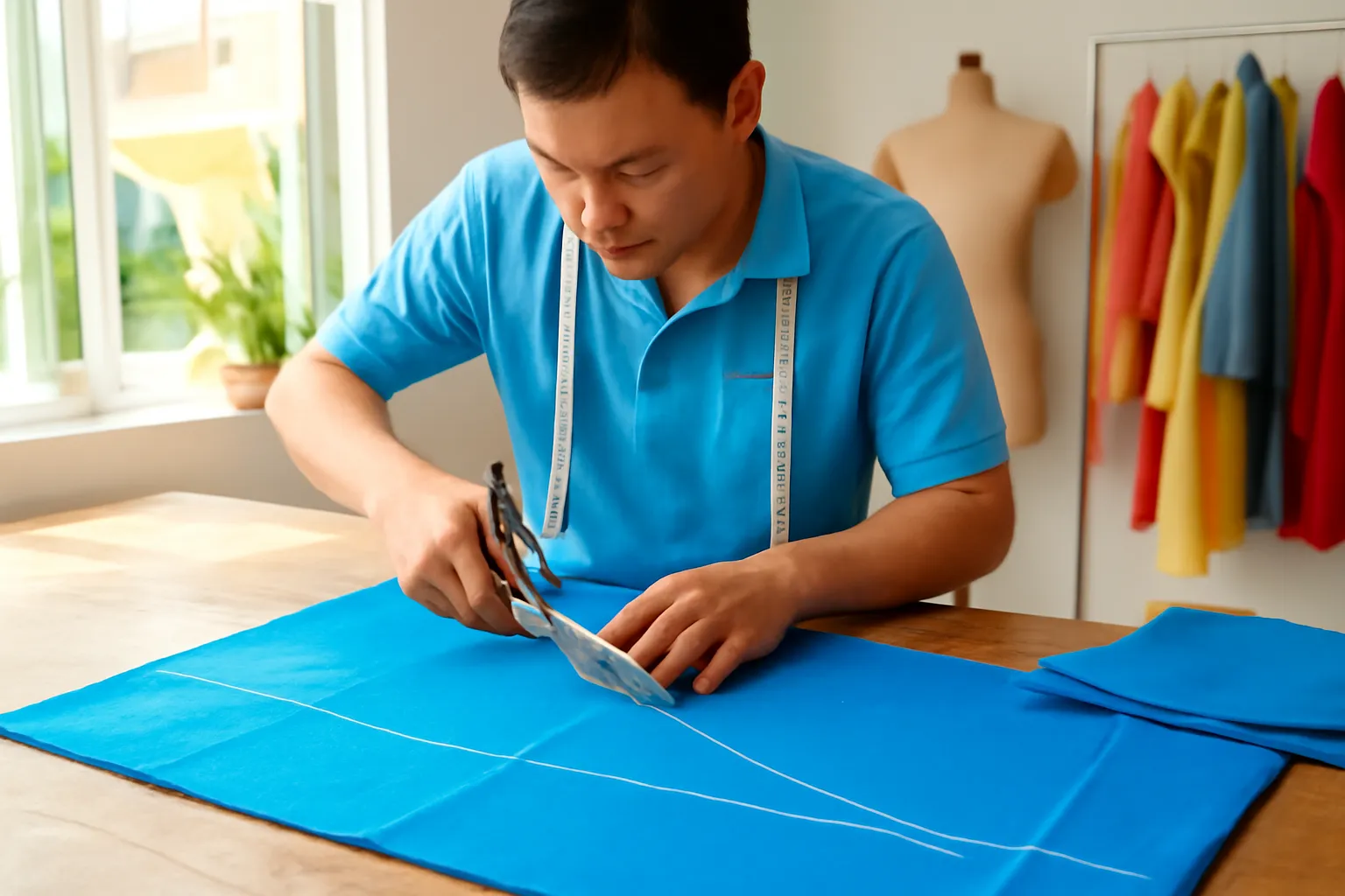 Thợ may cắt vải bằng chiếc kéo lớn trên bàn