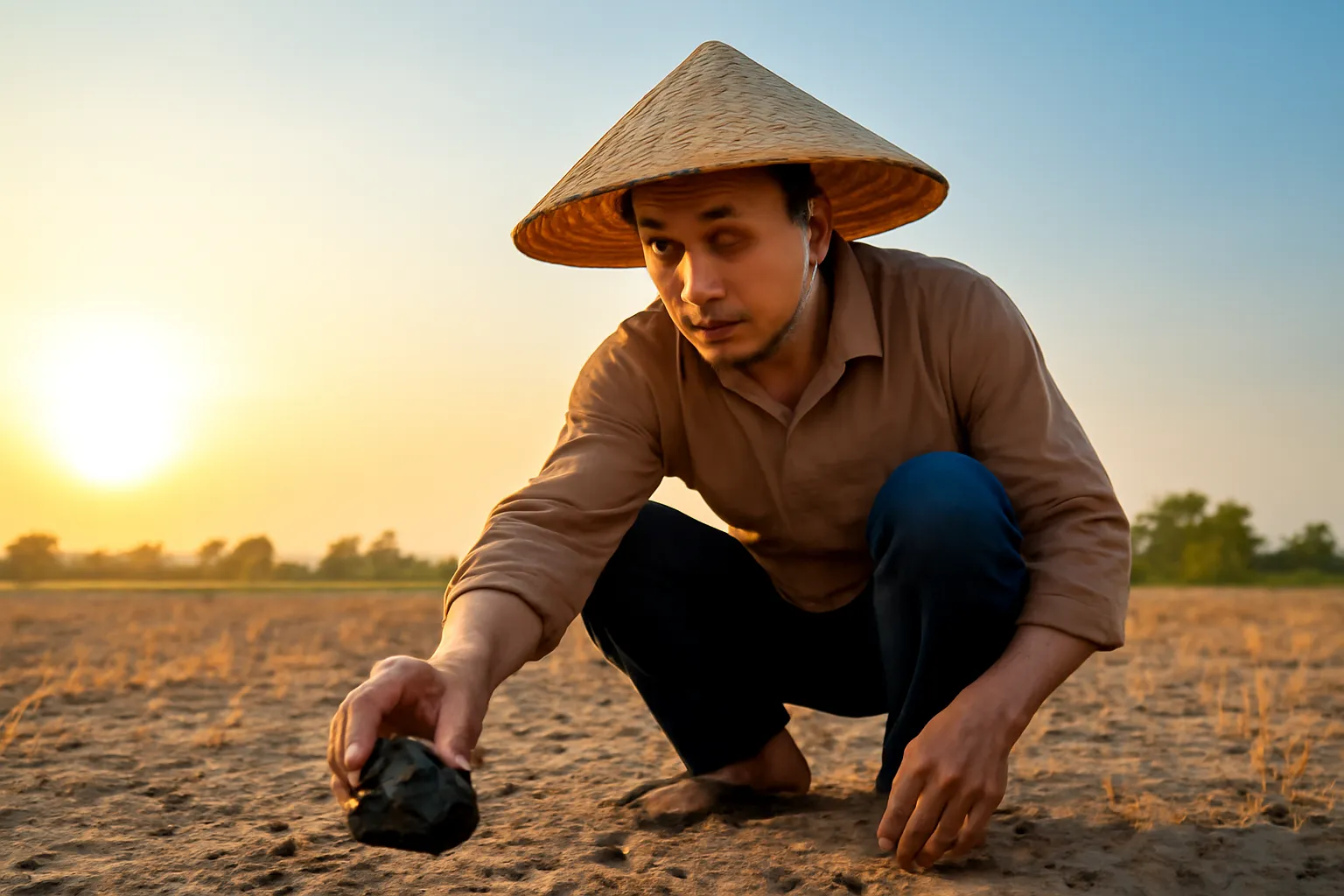 Nông dân nhặt hòn đá sẫm màu trên đồng lúc bình minh
