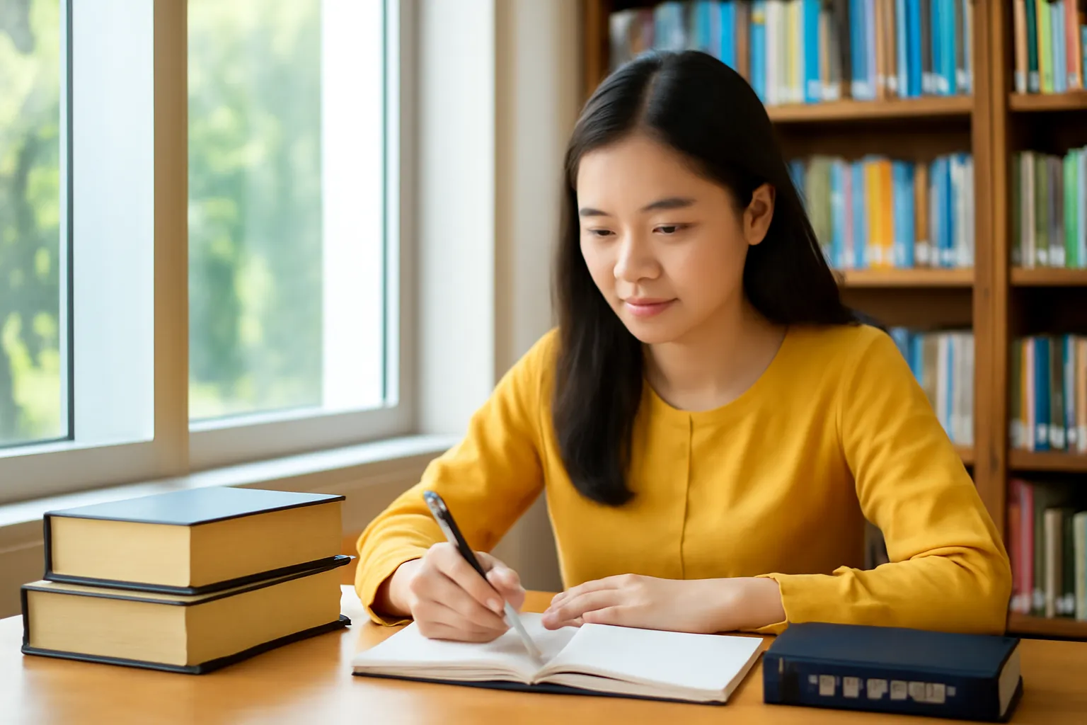 Nữ dịch giả làm việc bên hai cuốn sách dày gấp lại cạnh cửa sổ thư viện