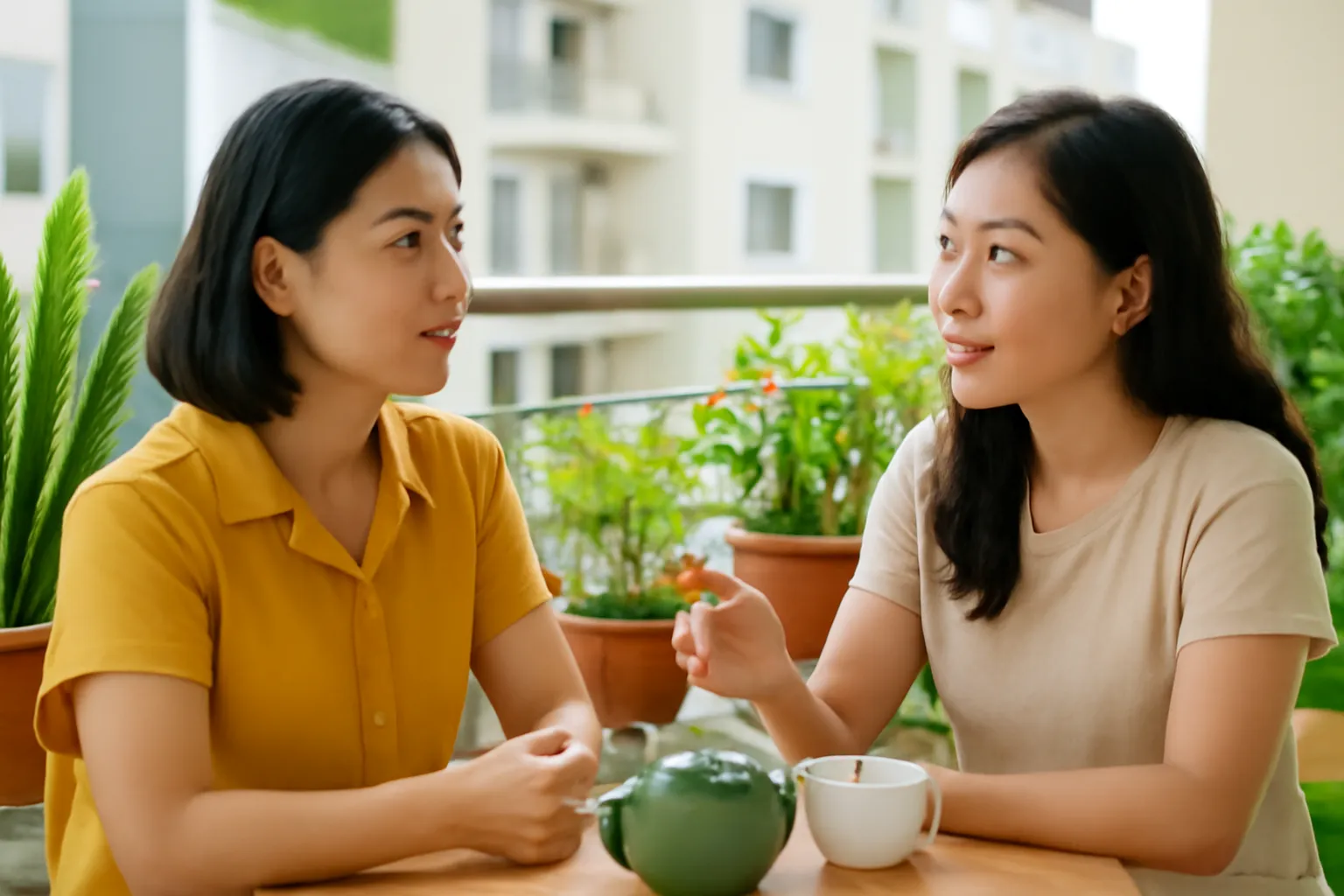 Hai người bạn tranh luận ôn hoà bên ấm trà ngoài ban công
