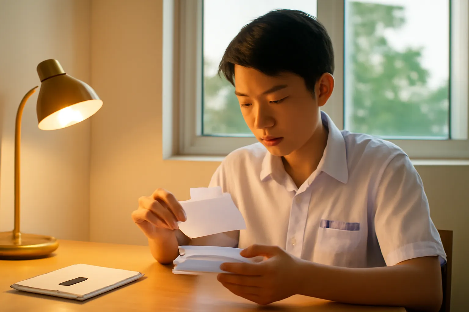 Học sinh lật thẻ ghi nhớ trống dưới ánh đèn bàn
