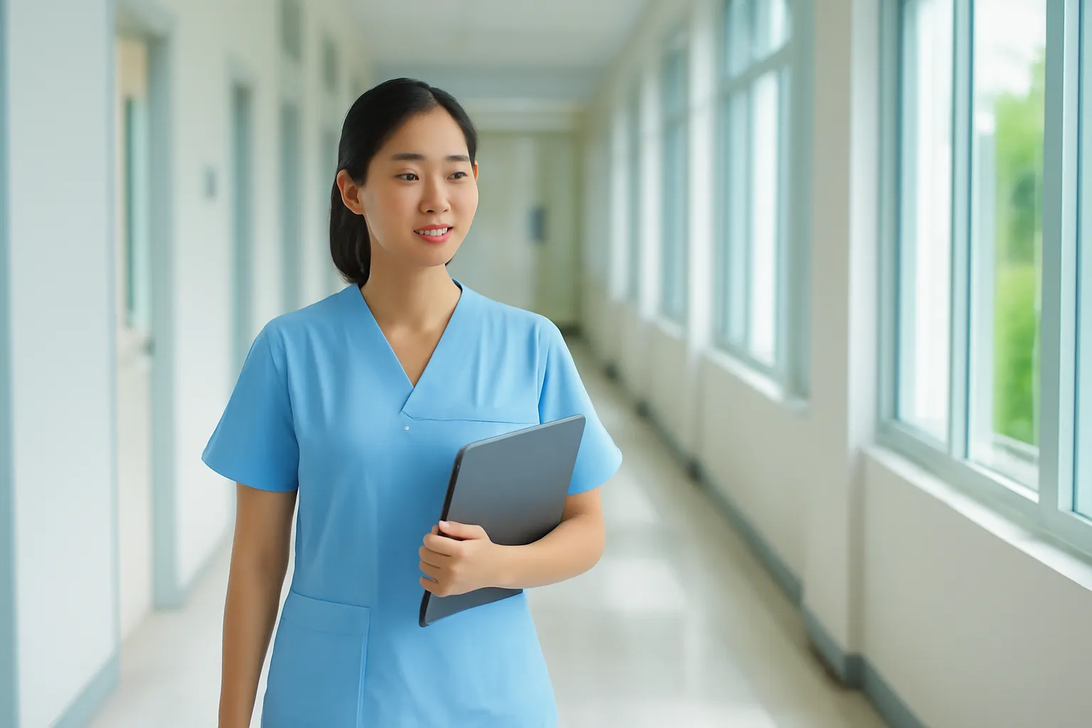 Nữ điều dưỡng đi dọc hành lang bệnh viện sáng sủa cầm bìa kẹp hồ sơ