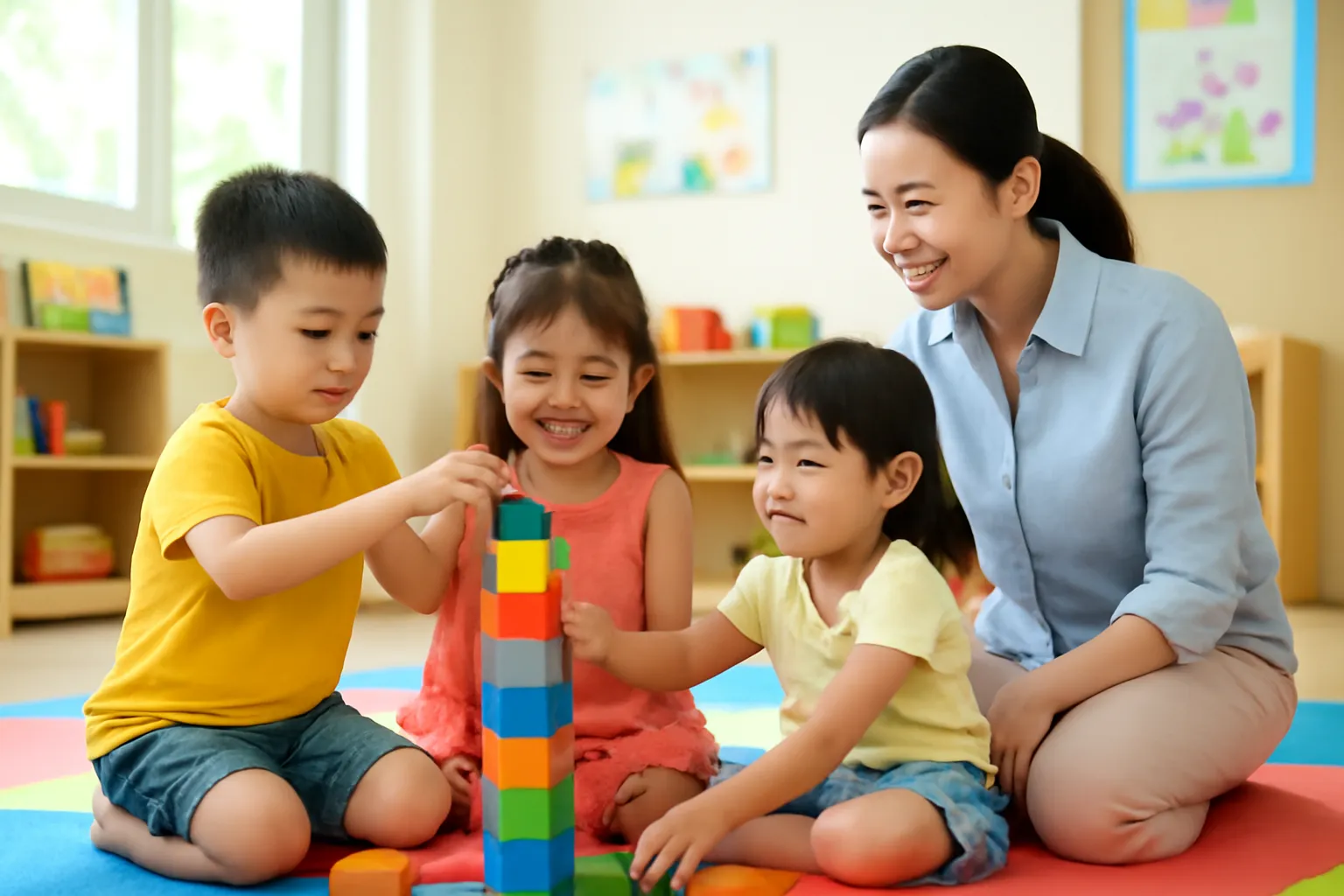 Trẻ nhỏ xếp khối gỗ trên thảm trong lớp mầm non
