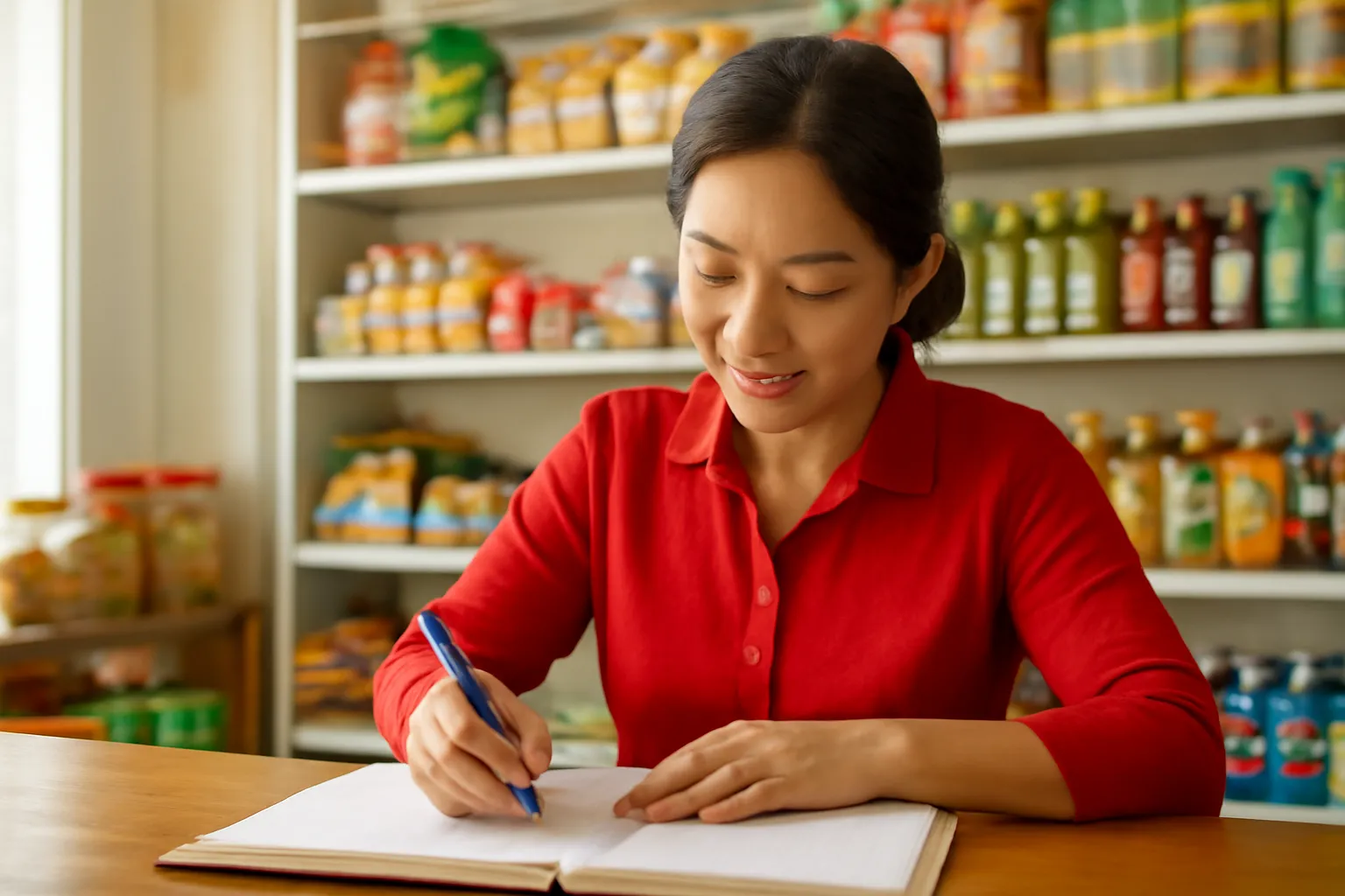 Bà chủ tiệm tạp hoá ghi sổ ở quầy hàng
