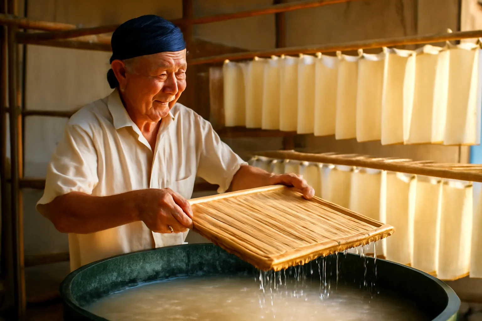 Nghệ nhân nhấc khuôn giấy dó lên khỏi bể bột