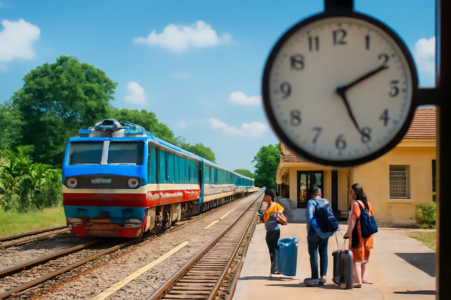 Tàu hoả vào ga với chiếc đồng hồ lớn trên sân ga