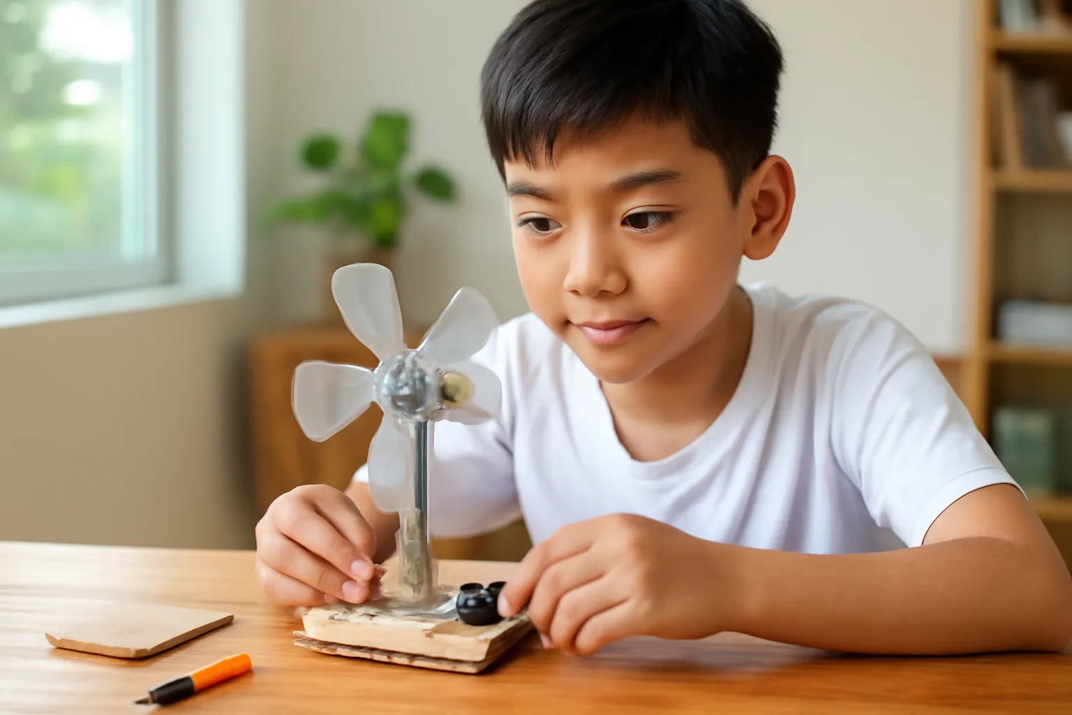 Học sinh làm quạt từ bìa các tông và chai nhựa trên bàn trong nhà