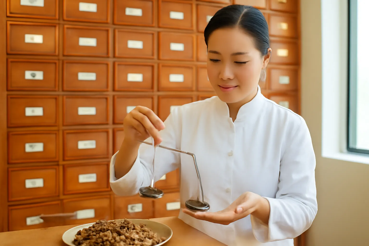 Dược sĩ cân thảo dược trước tủ thuốc nhiều ngăn gỗ