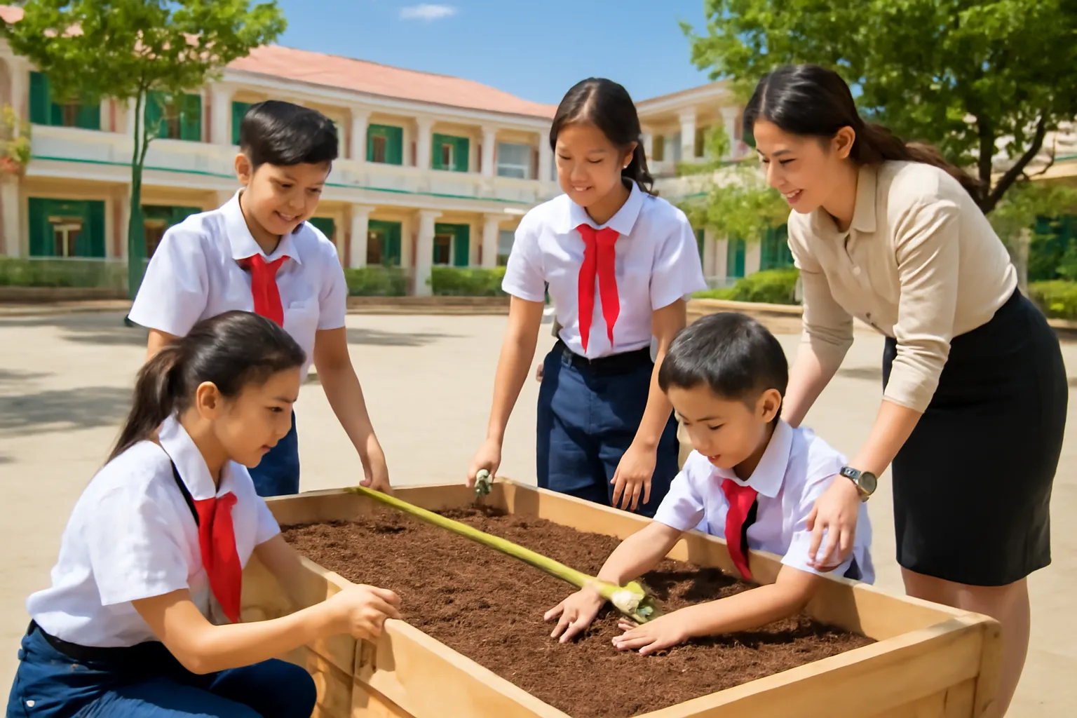 Học sinh trung học làm luống rau ở sân trường