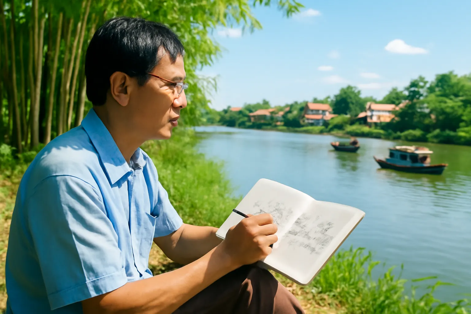 Người đàn ông ngồi ký hoạ phong cảnh làng bên bờ sông