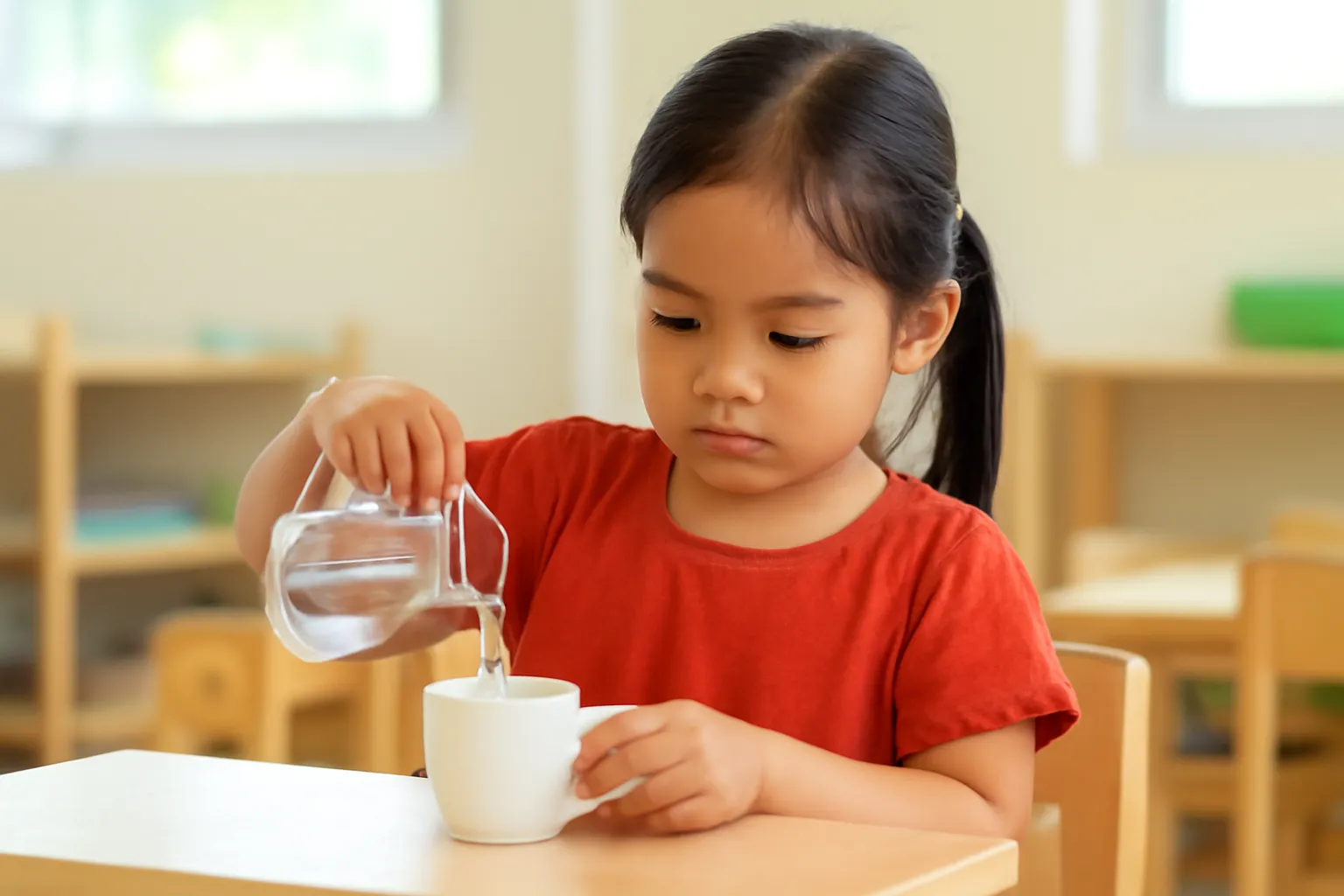 Bé gái rót nước từ bình nhỏ bên kệ thấp trong lớp học
