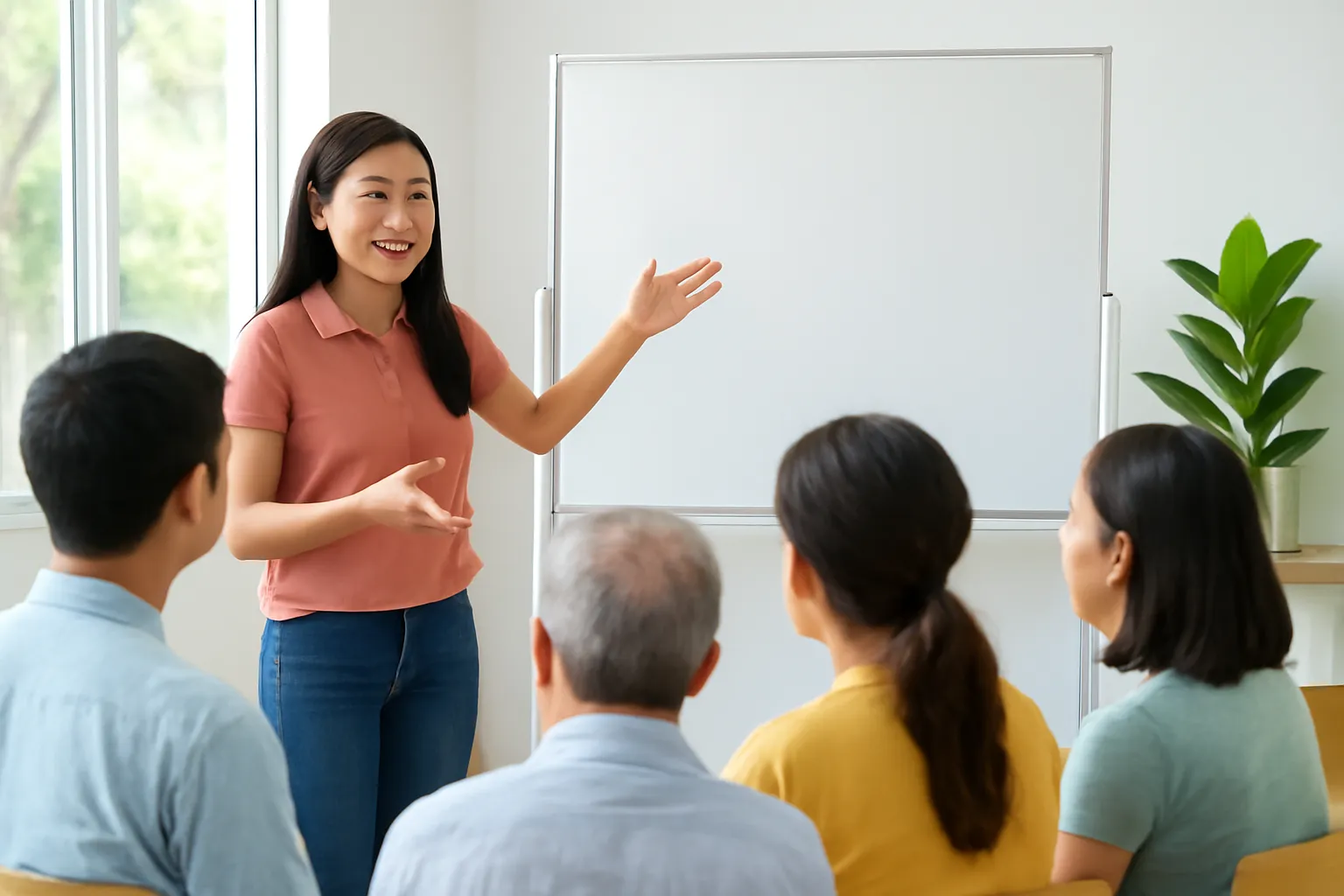 Cô gái trẻ giảng giải cho nhóm nhỏ trước bảng trắng trống