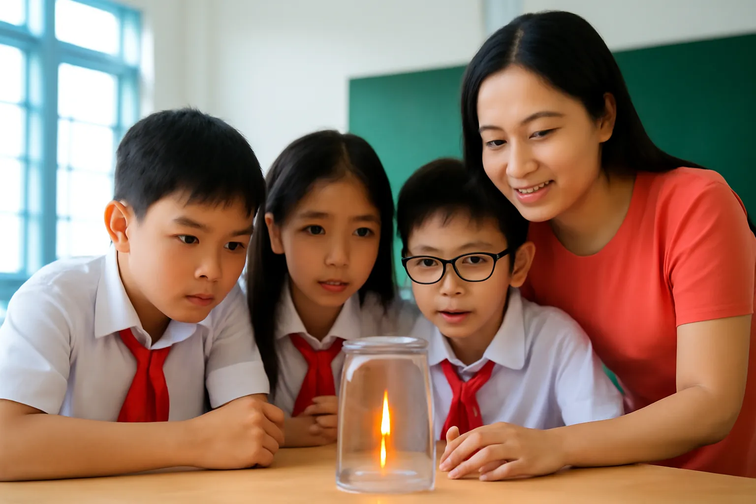 Ngọn nến cháy dưới lọ thuỷ tinh úp, học sinh quan sát