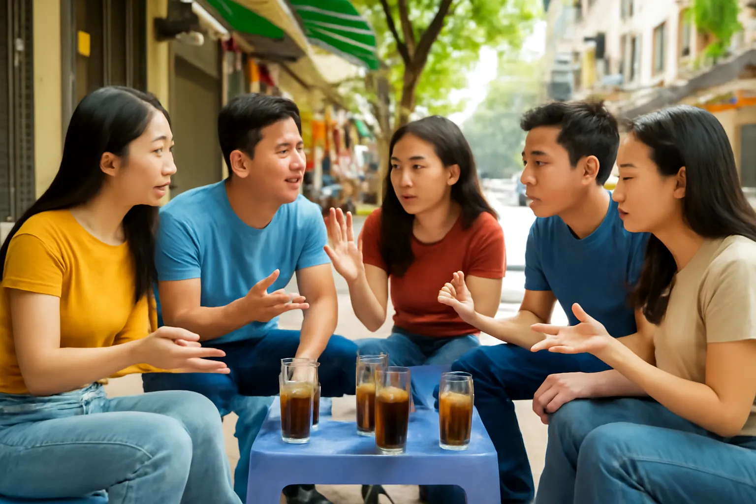 Nhóm bạn trẻ tranh luận vui vẻ ở quán cà phê vỉa hè Hà Nội
