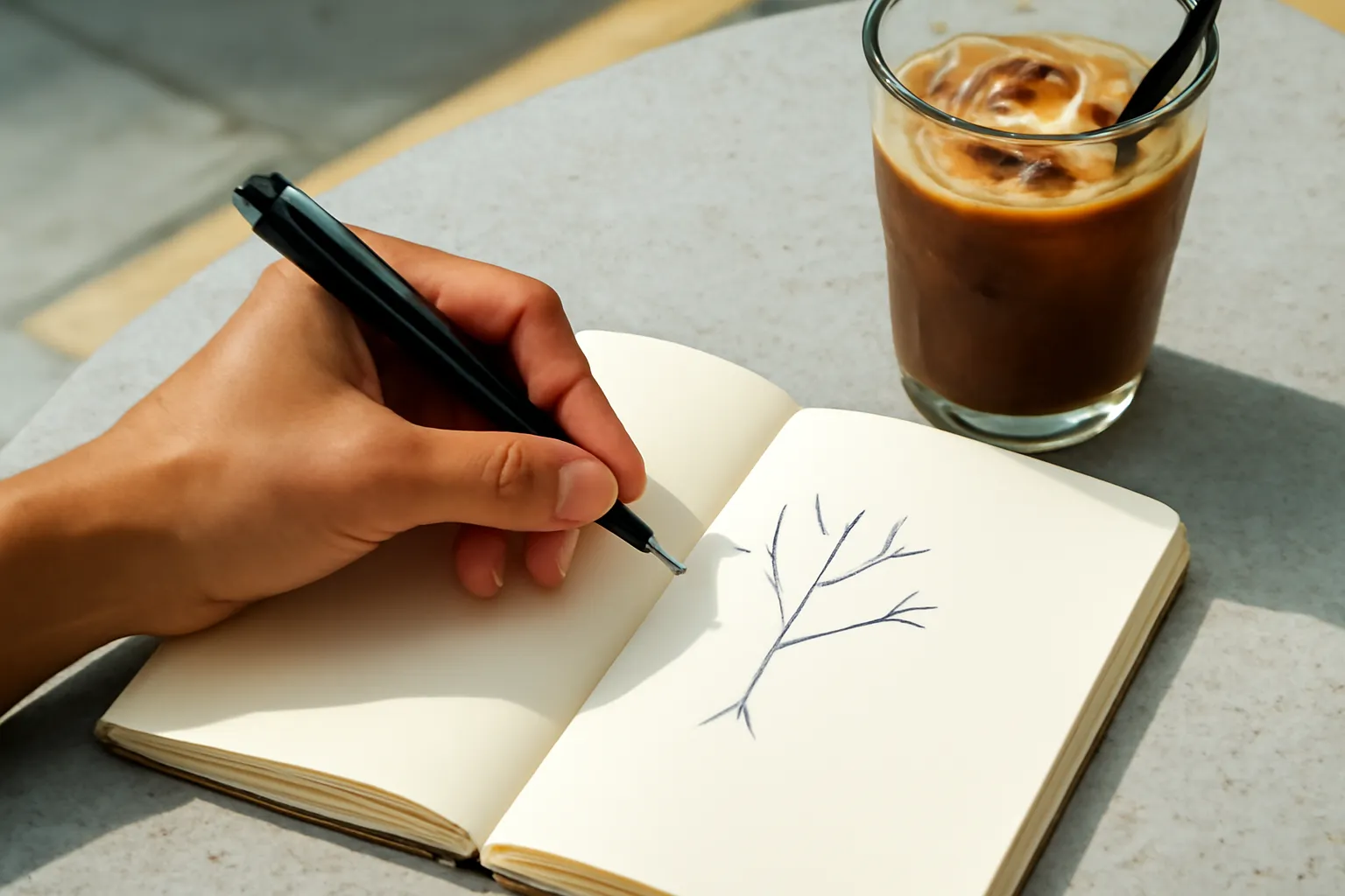 Bàn tay vẽ sơ đồ nhánh cây trong sổ ở quán cà phê ngoài trời