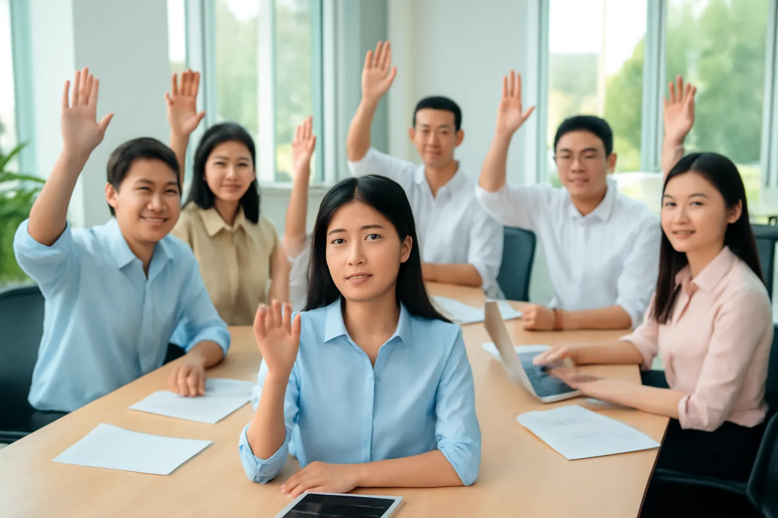 Nhóm người quanh bàn đang giơ tay, một người ngập ngừng
