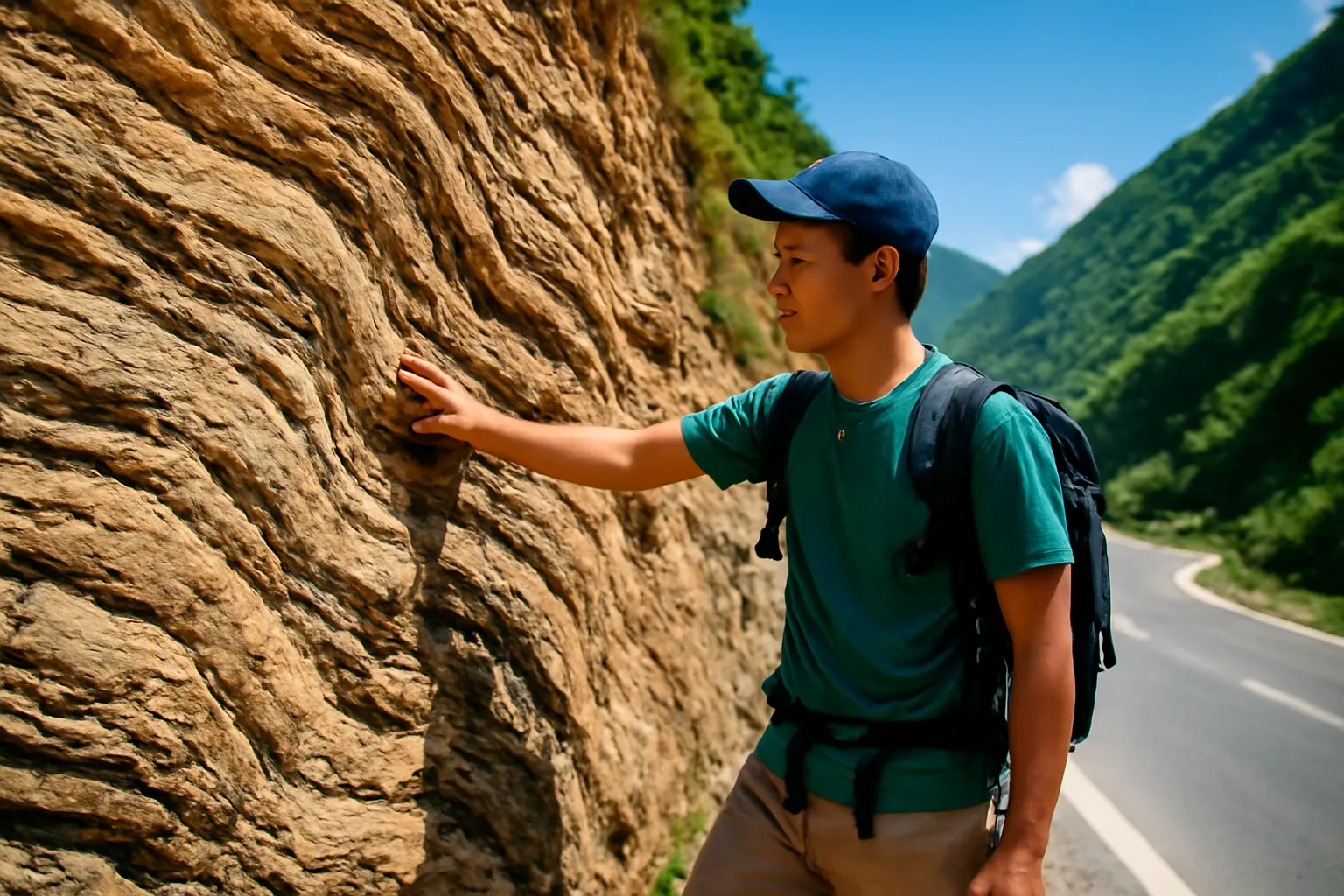 Người leo núi chạm tay vào vách đá phân thành nhiều lớp