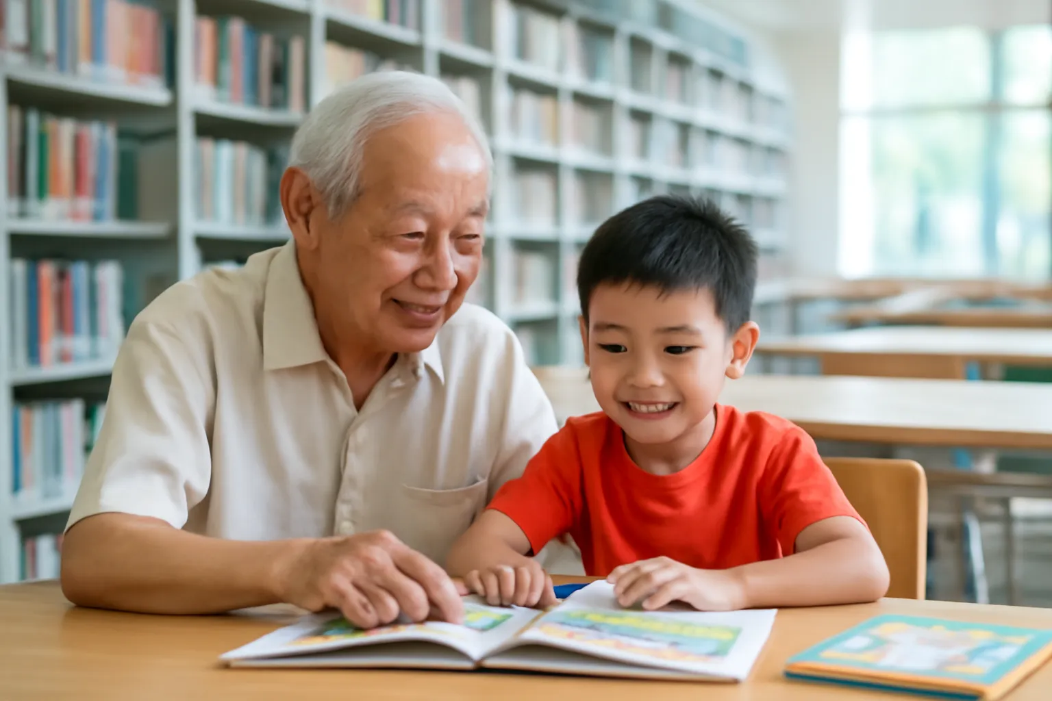 Ông và cháu cùng đọc sách trong thư viện sáng sủa
