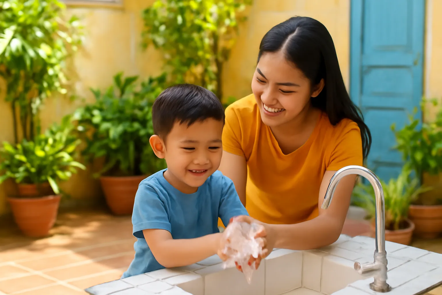 Người mẹ rửa tay cho con ở bồn nước ngoài sân nhà