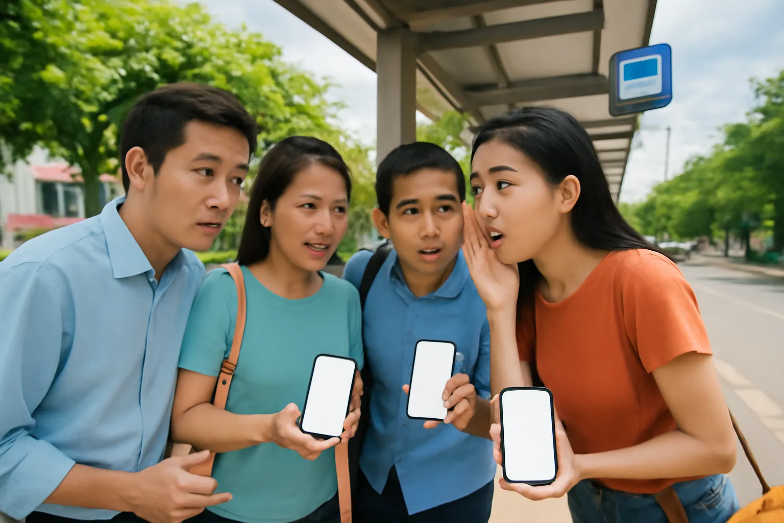 Nhóm người ở trạm xe buýt nghiêng đầu nghe một cô gái thì thầm