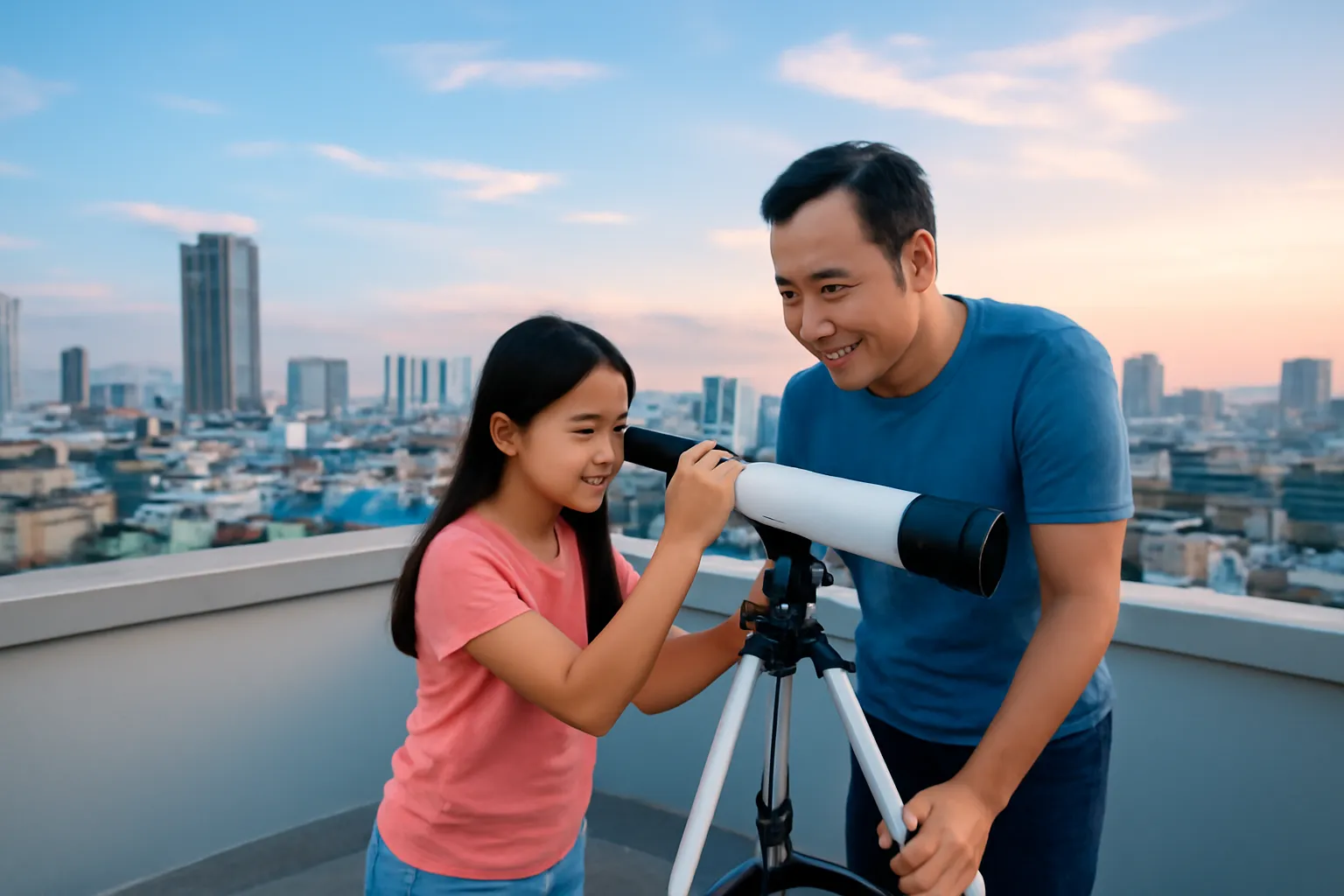 Bố và con gái ngắm trời bằng kính thiên văn nhỏ trên sân thượng lúc chạng vạng