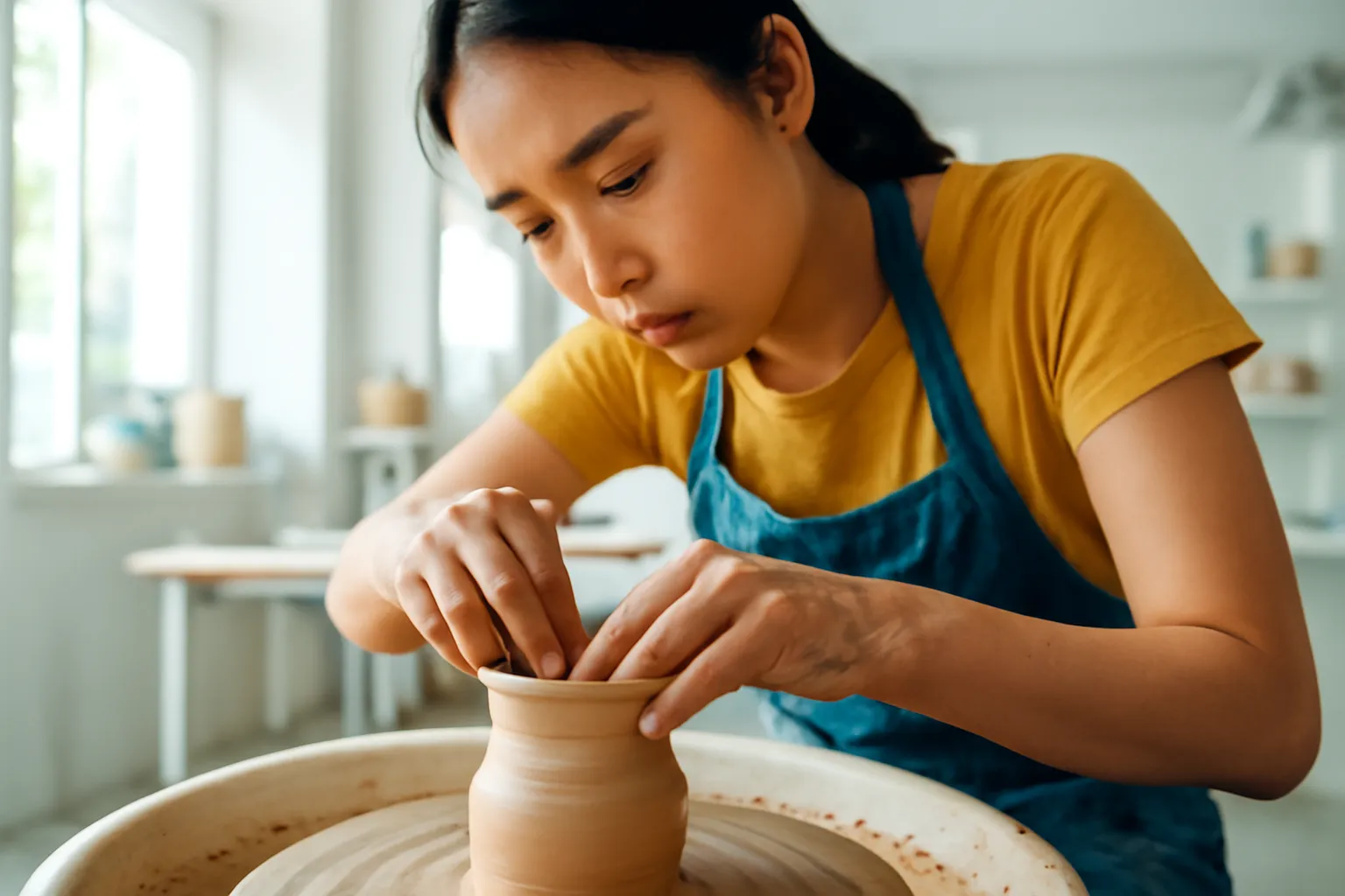 Đôi tay cô gái nặn gốm trên bàn xoay