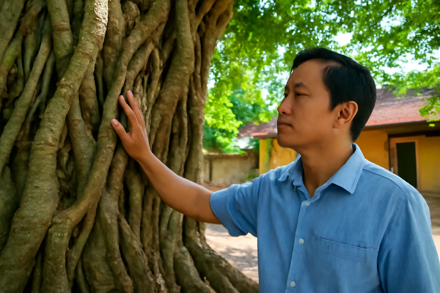 Người đàn ông lần tay theo rễ cây đa lớn