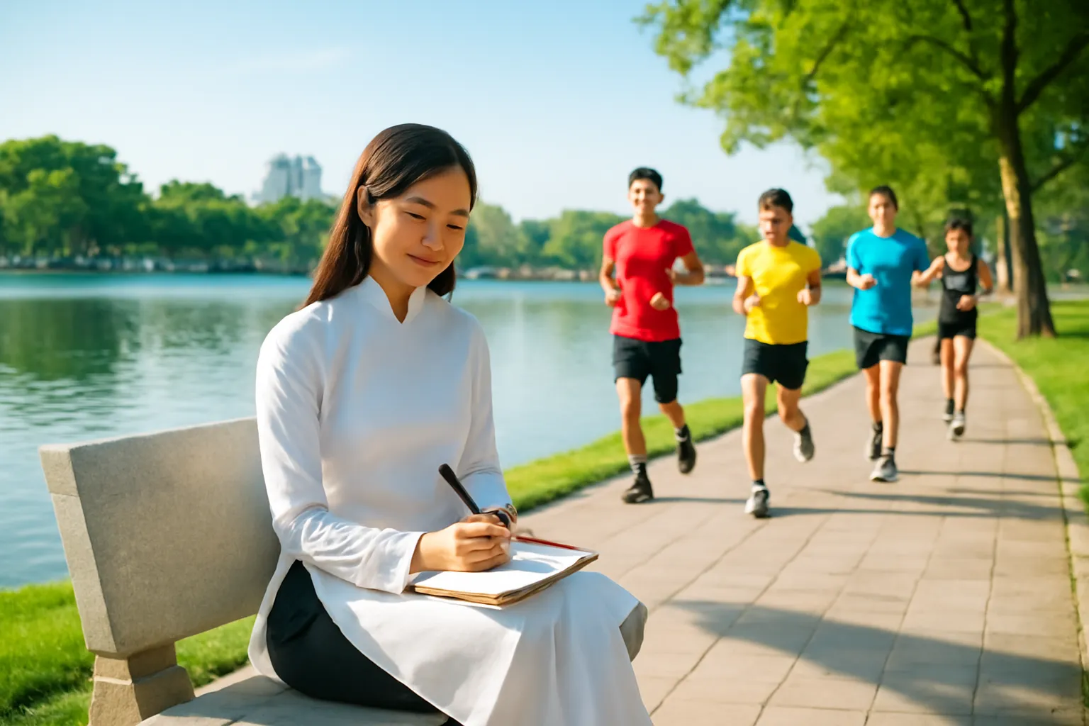 Cô gái ngồi một mình trên ghế đá bờ hồ khi nhóm người chạy bộ qua