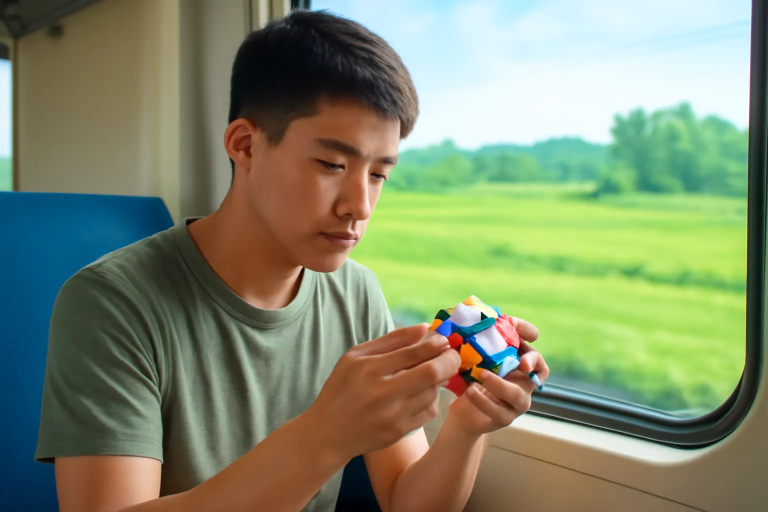 Chàng trai giải khối rubik trên tàu hoả ban ngày