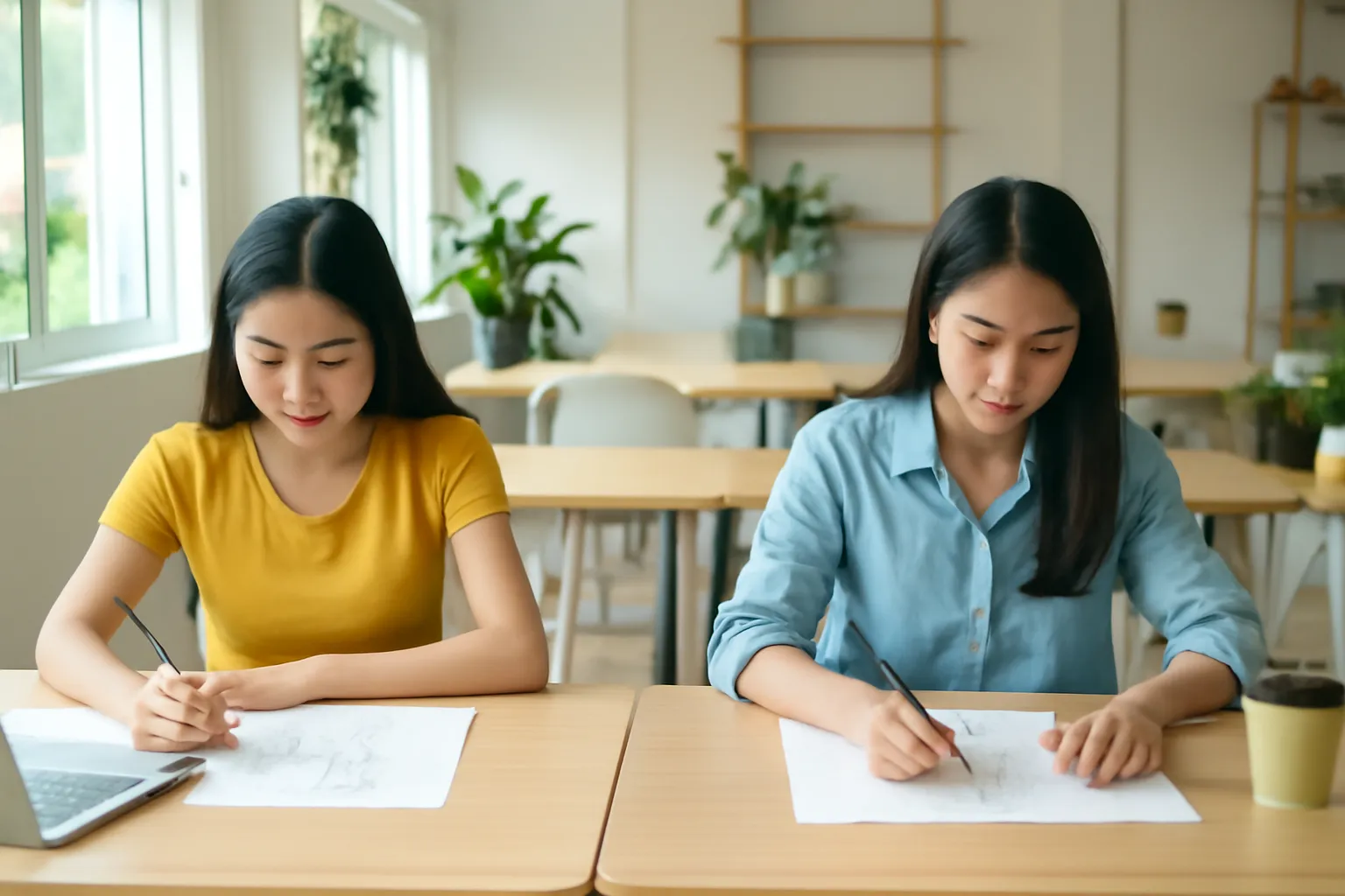 Hai cô gái ở hai bàn riêng trong phòng làm việc chung cùng phác hoạ