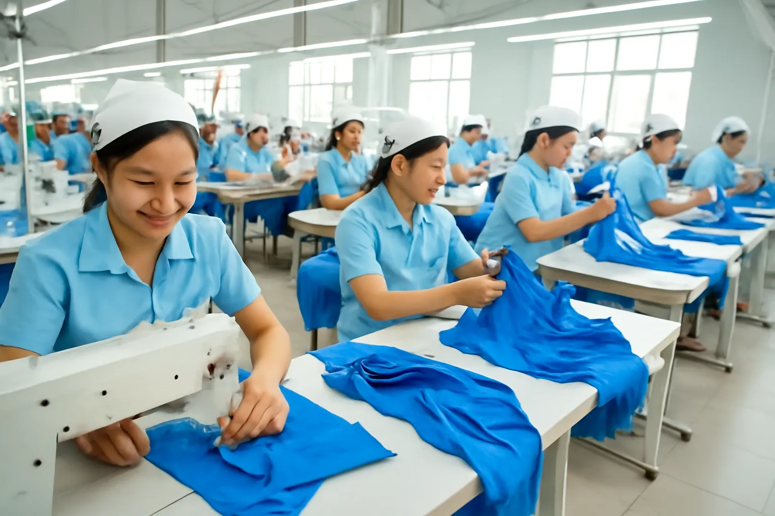 Công nhân xưởng may mỗi người phụ trách một công đoạn
