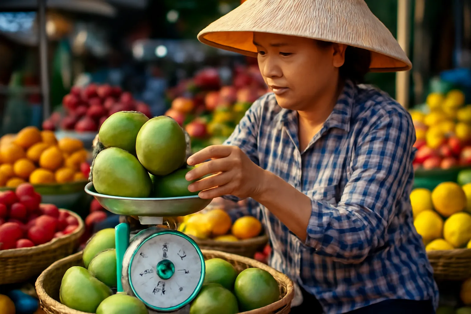 Tay người bán hàng cân trái cây trên chiếc cân ở chợ