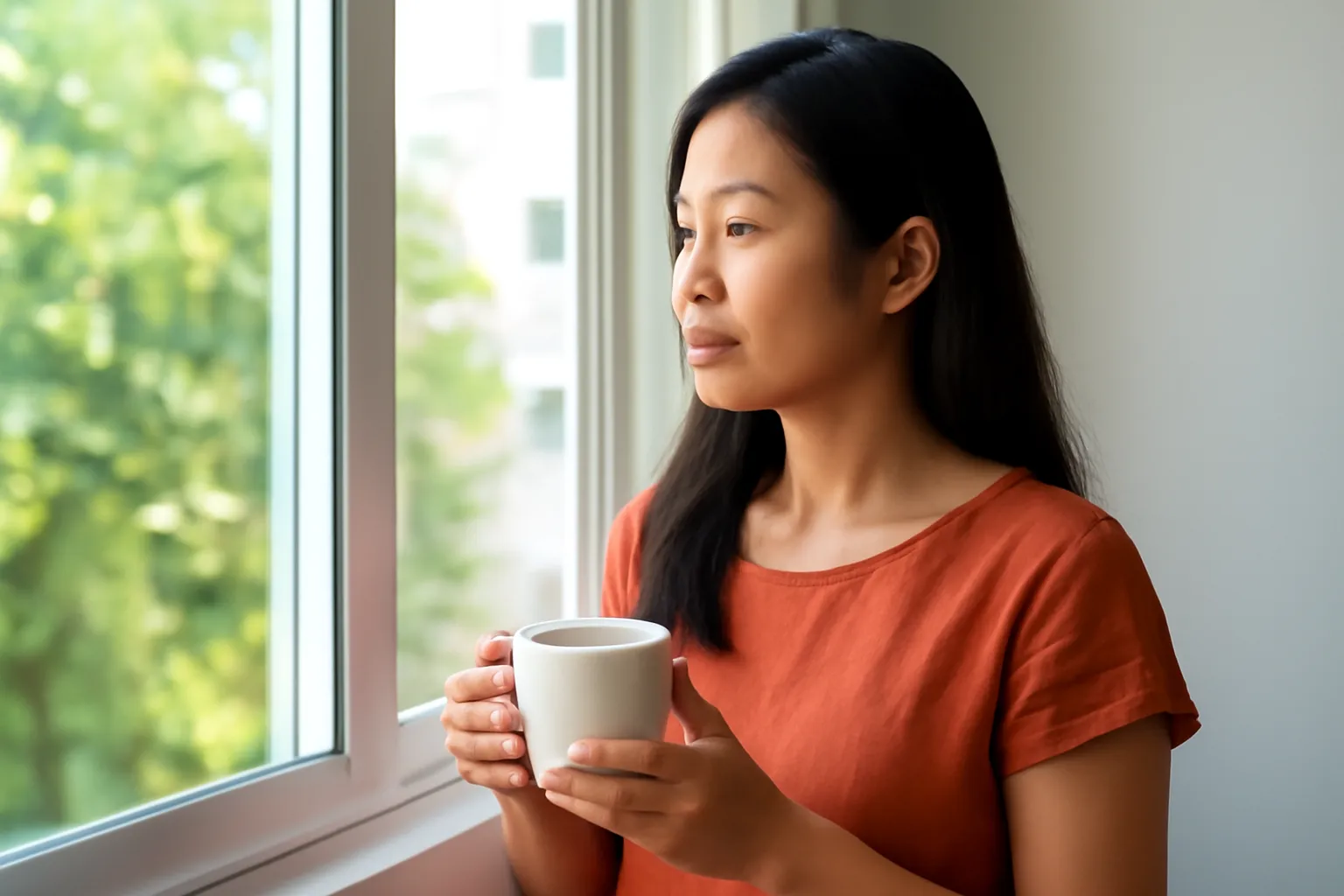Người phụ nữ cầm tách cà phê dừng lại suy nghĩ bên cửa sổ buổi sáng