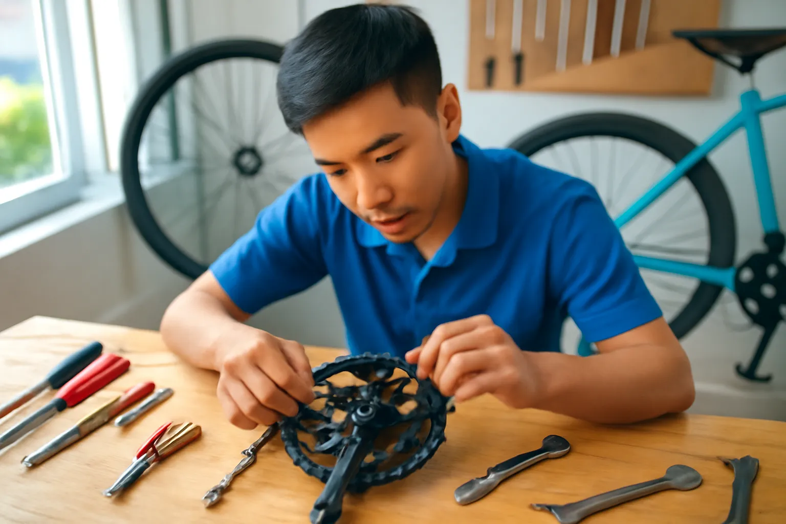 Thanh niên lắp linh kiện xe đạp trên bàn thợ sáng sủa
